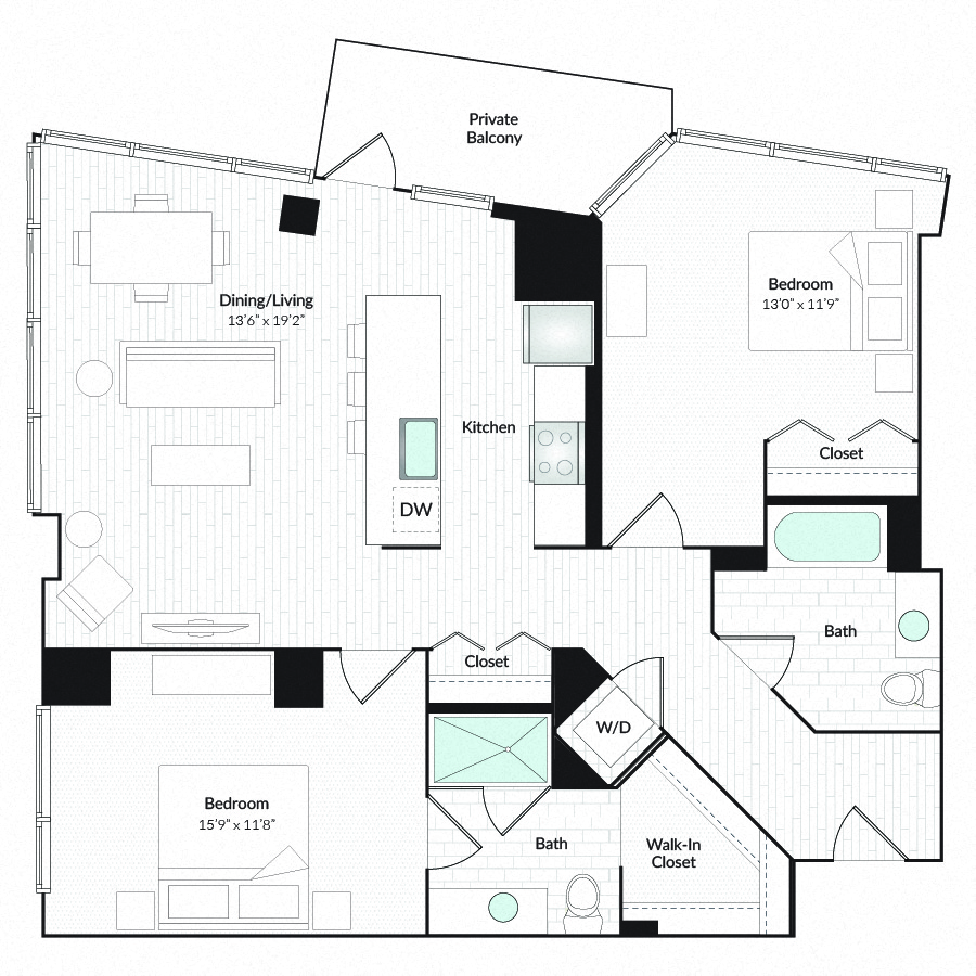 Floor plan for 2 beds, 2 baths, 1235 sqft